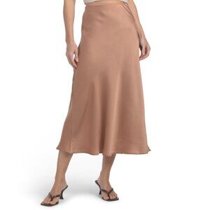 GEMMA+ JANE Mocha Satin Soft Flowy Mid Calf Length Skirt